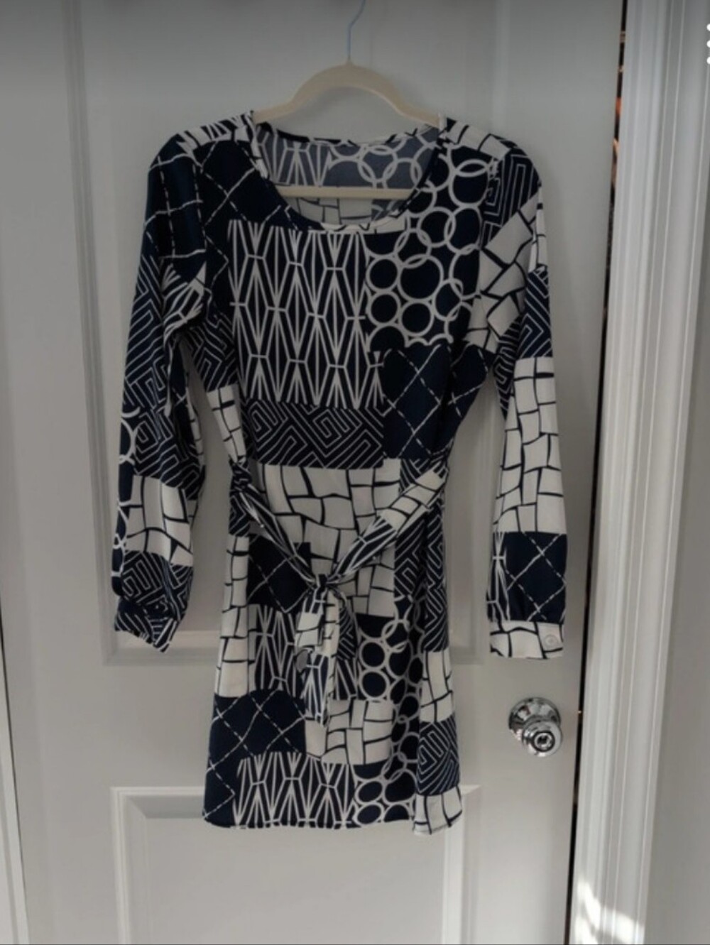 Navy & White Geometric Long Sleeve Tie-Waist Dress